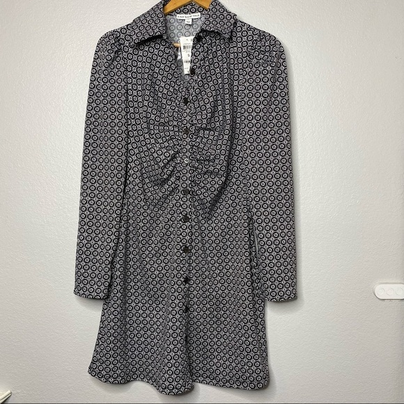 NWT “AND NOW THIS” Small, Black w/ White Long Sleeve Geo Print Polo Shirt - Picture 4 of 16